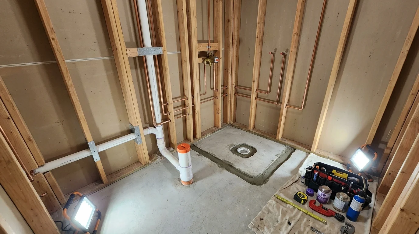 Bathroom rough-in plumbing during remodel by Johns Plumbing LLC in Nauvoo