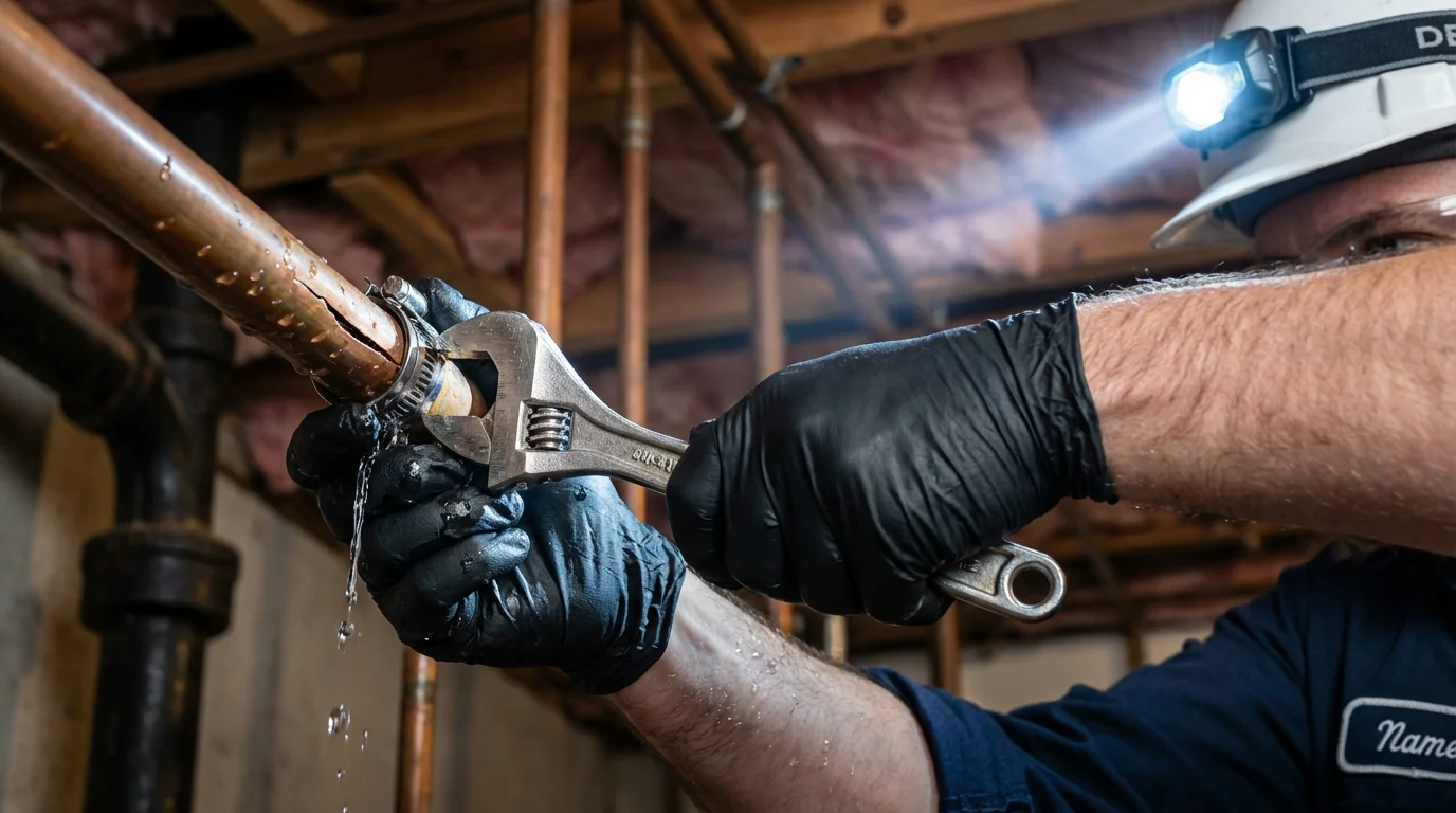 Emergency pipe clamp repair being performed by a Johns Plumbing LLC plumber in Nauvoo