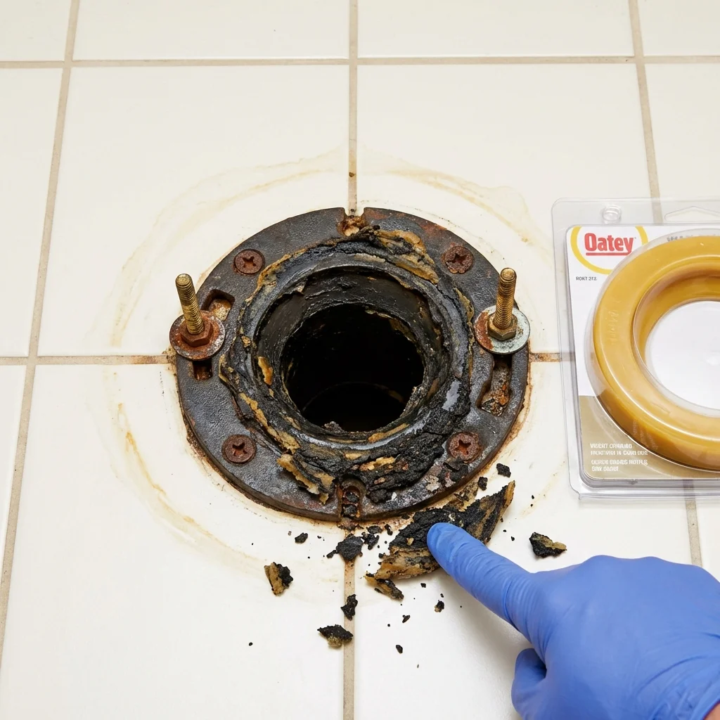 Failed wax ring showing water seepage at the base of a toilet in a Nauvoo, IL home