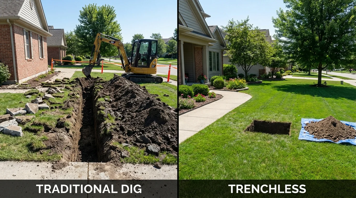 Trenchless sewer repair with minimal yard damage versus traditional excavation in Nauvoo, IL